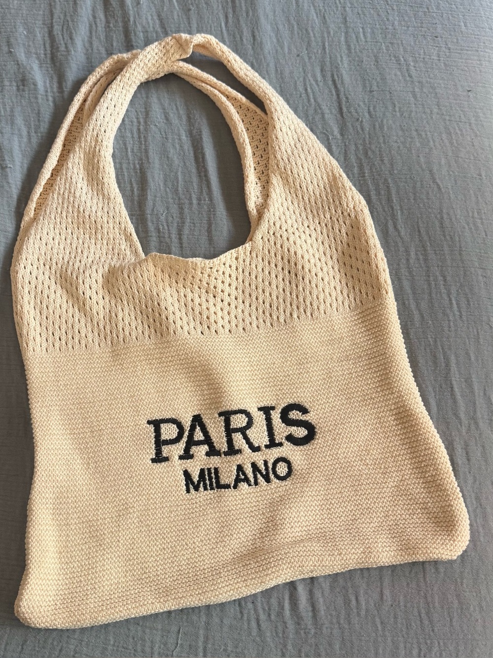 Light Beige Knit Tote with Black 'PARIS MILANO' Embroidery